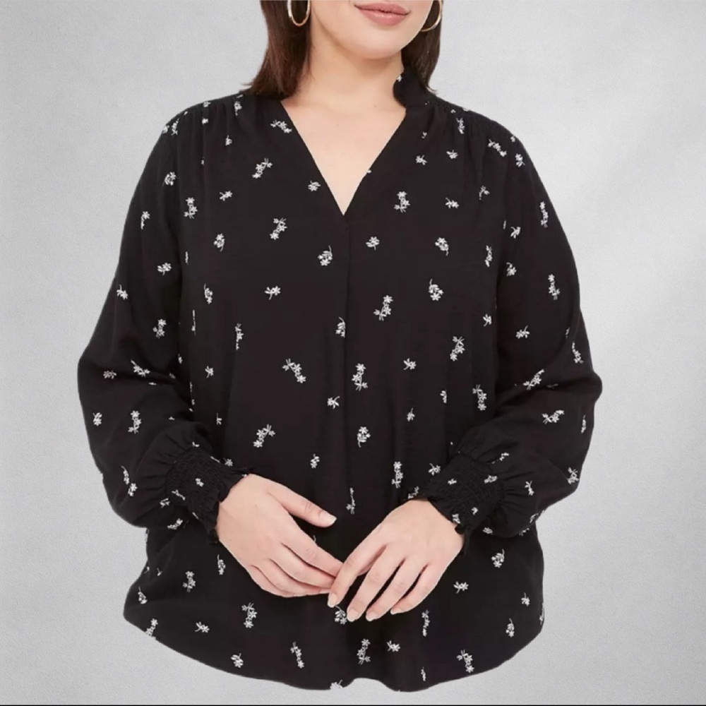 Lane Bryant 22/24 Black Floral Print Tunic Blouse Lightweight Long Sleeve Rayon
